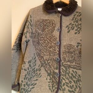 Cedar Canyon Wool Blend Owl Jacket Tapestry Design Fleece Collar Button Small